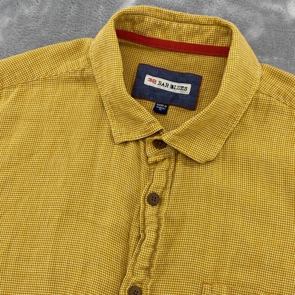 32 Bar Blues Mens XL Mustard Yellow Cotton Linen Short Sleeve Button Up Shirt